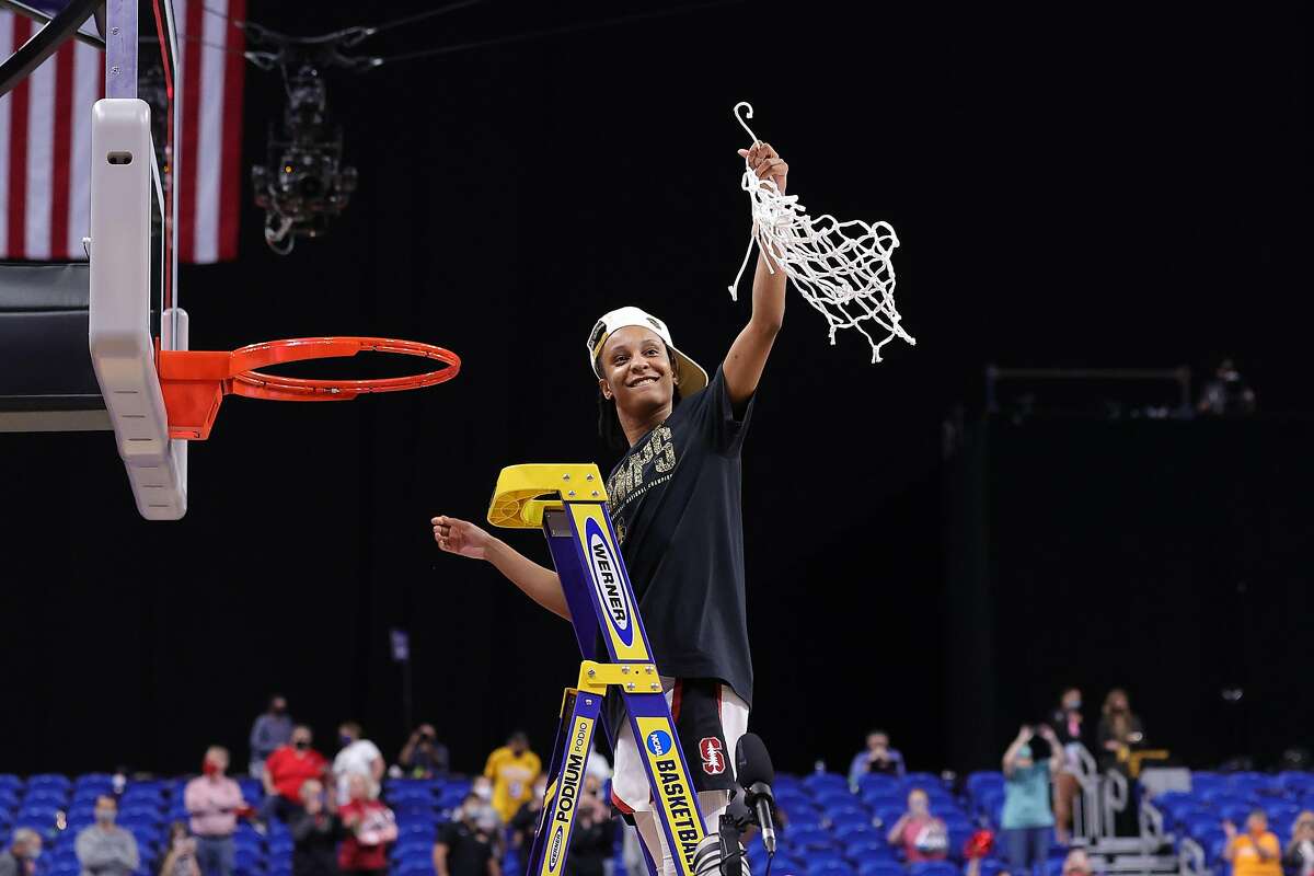 SAN ANTONIO, TEXAS - APRIL 04: Kiana Williams #23 of the Stanford Cardinal celebrates after cutting down the net following the team's win against the Arizona Wildcats in the National Championship game of the 2021 NCAA Women's Basketball Tournament at the Alamodome on April 04, 2021 in San Antonio, Texas. (Photo by Carmen Mandato/Getty Images)