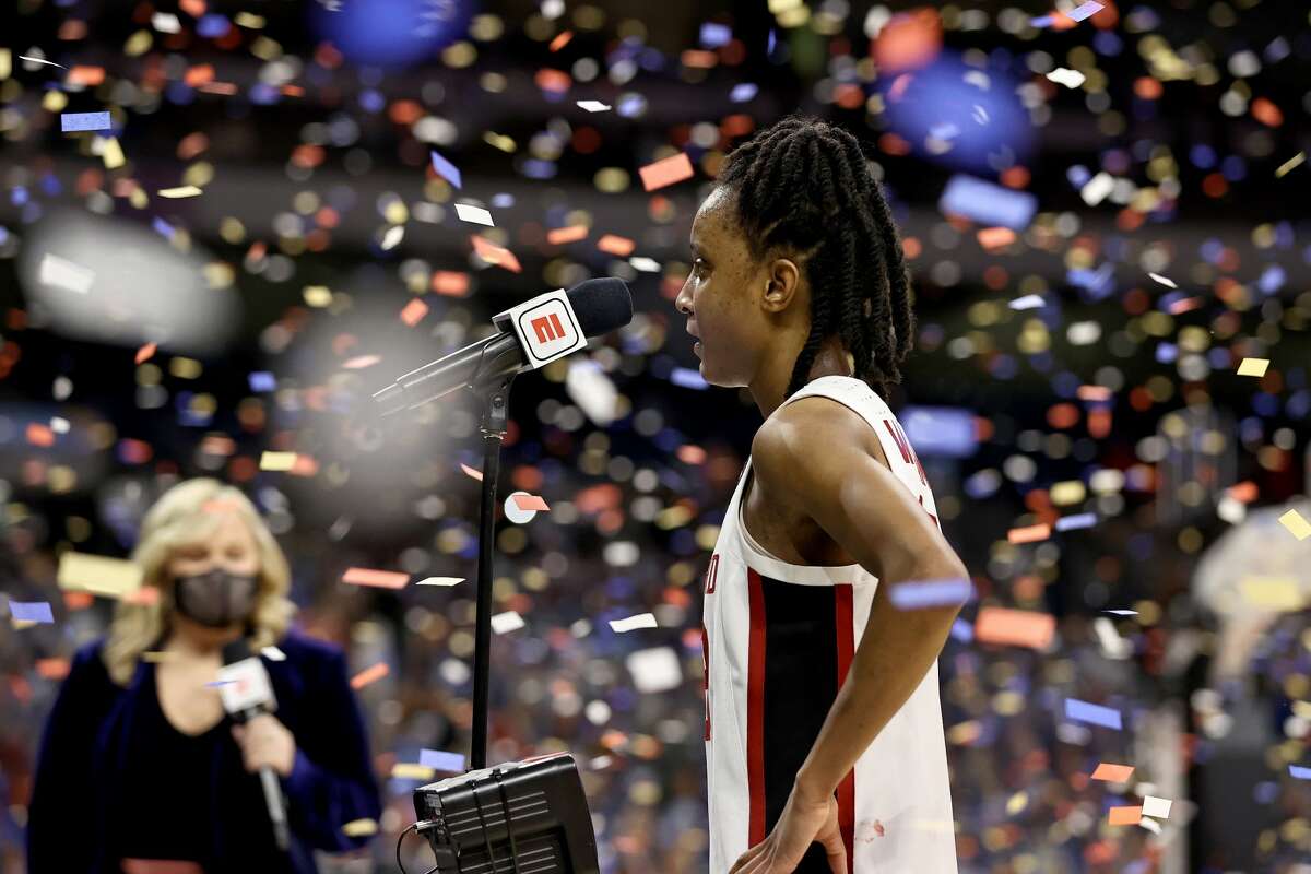 SAN ANTONIO, TEXAS - APRIL 04: Kiana Williams #23 of the Stanford Cardinal talks to ESPN after the team's win against the Arizona Wildcats in the National Championship game of the 2021 NCAA Women's Basketball Tournament at the Alamodome on April 04, 2021 in San Antonio, Texas. (Photo by Elsa/Getty Images)