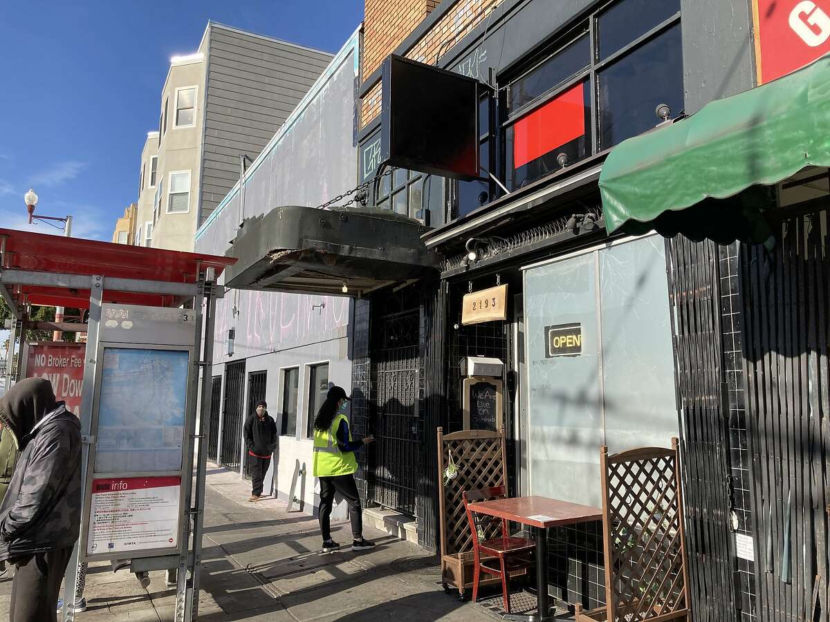 The former Blowfish Sushi to Die For at 2193 Mission St., San Francisco, is seen on April 4 with a painted-over logo.