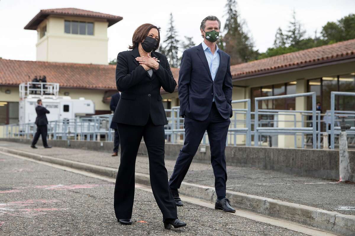 Vice President Kamala Harris and Gov. Gavin Newsom tour the East Bay Municipal Utility District’s Upper San Leandro Water Treatment Plant in Oakland on Monday.