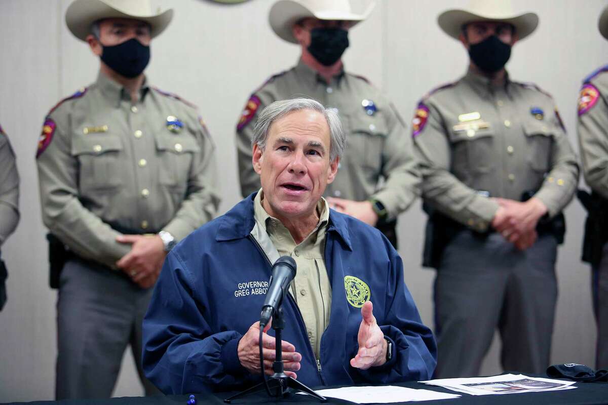 Texas Governor Greg Abbott talks about Operation Lone Star at a Texas Department of Public Safety regional office on Thursday, April 1, 2021, in Weslaco, Texas.