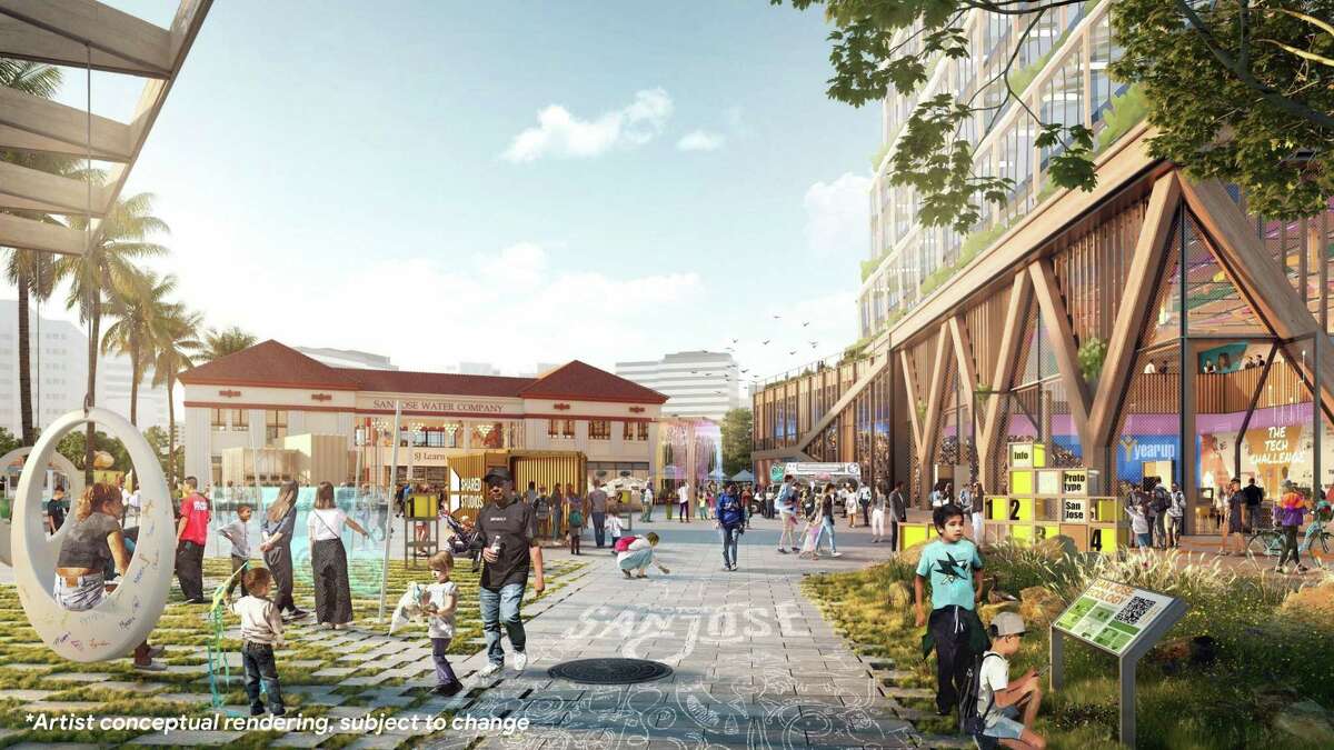 An artist’s rendering of Google’s planned 80-acre megaproject next to Diridon Station in San Jose.