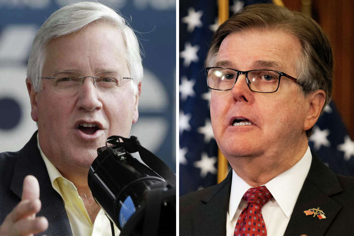 Democrat Mike Collier and Lt. Gov. Dan Patrick are pictured together in this composite photo.
