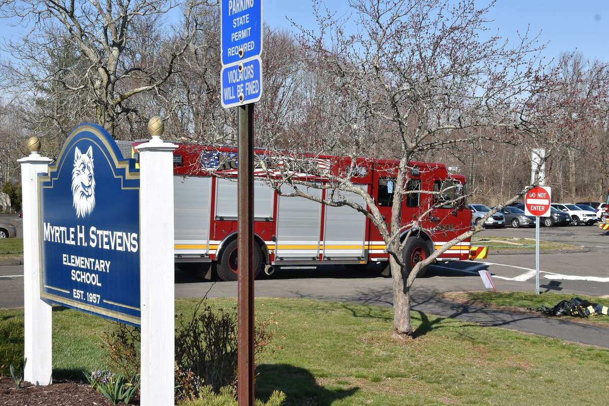 Crews at the scene for a reported suspicious package at a Rocky Hill, Conn., school on Monday, April 5, 2021.