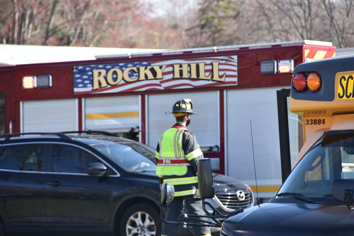 Crews at the scene for a reported suspicious package at a Rocky Hill, Conn., school on Monday, April 5, 2021.