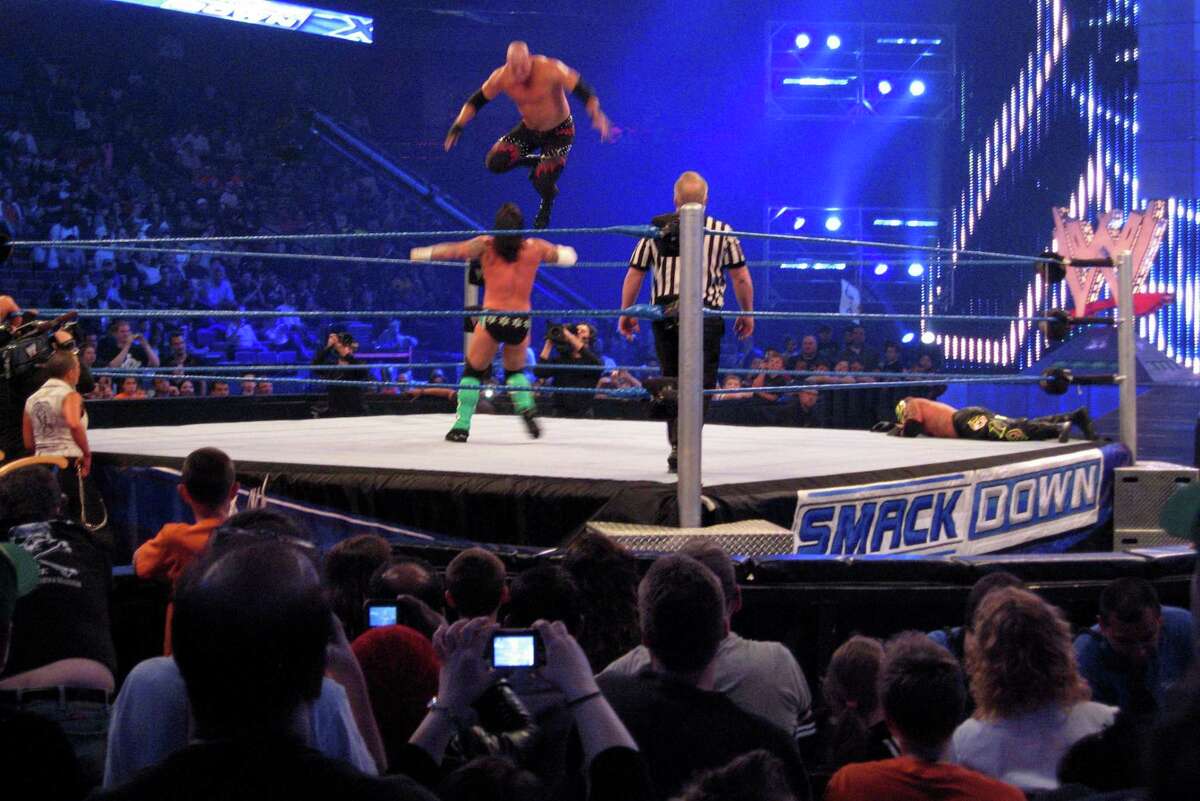 World Wrestling Entertainment (WWE) held its Smackdown event at Mohegan Sun in Uncasville, Conn. on Tuesday April 20, 2010. Here, WWE wrestler Kane, flies off the top rop into his opponent, CM Punk, during a tag team match.
