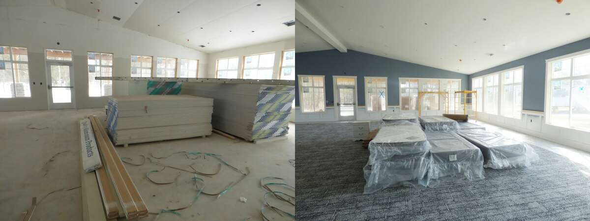 Above is a comparison of the progress of the work on the new Maple Ridge Manor -- the photo on the left taken in early February and the one on the right taken yesterday.