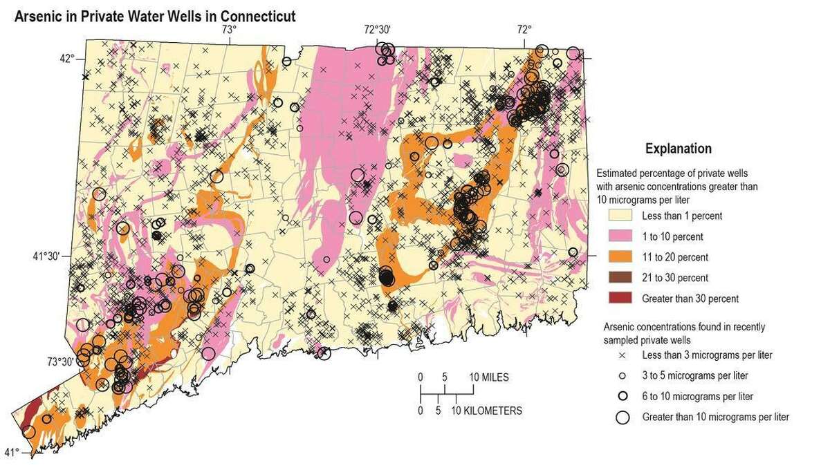 The colors on this map identify the estimated percentage of private wells in Connecticut with water containing arsenic concentrations greater than 10 micrograms per liter, the U.S. Environmental Protection Agency’s maximum contaminant level for arsenic in drinking water supplies. The black symbols identify arsenic concentrations in water from sampled wells. White areas on the map, representing 1.9 percent of the state, indicate geologic units from which no arsenic samples are available.