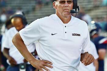 UConn coach Randy Edsall on the sidelines in the 2018 season opener against Central Florida at Rentschler Field in East Hartford.