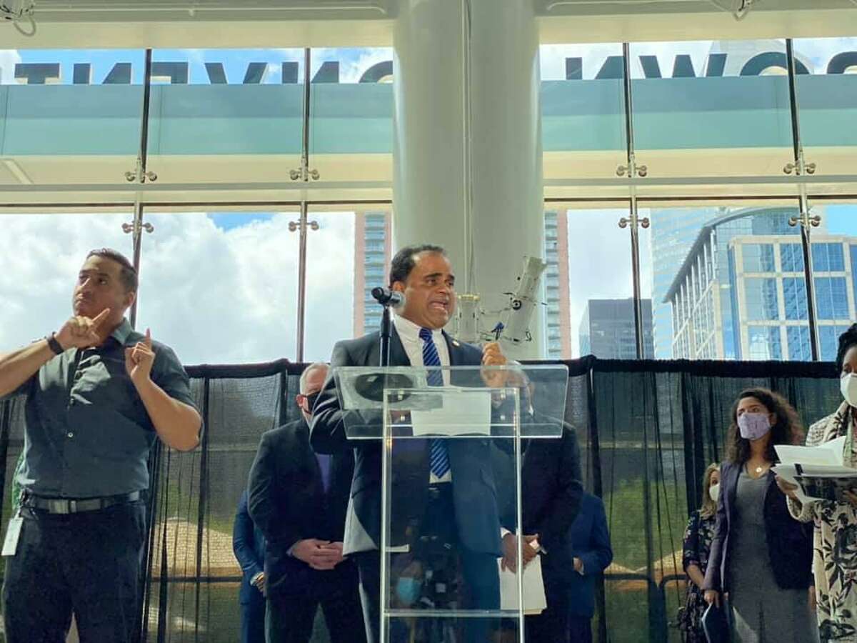 Fort Bend County Judge KP George speaks out against Texas House Bill 6 and Texas Senate Bill 7 at a press conference on Monday, April 5, 2021.