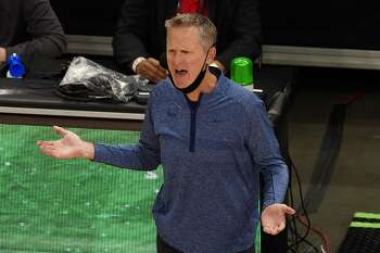 Golden State Warriors head coach Steve Kerr is shown during the second half of an NBA basketball game against the Atlanta Hawks Sunday, April 4, 2021, in Atlanta. (AP Photo/John Bazemore)