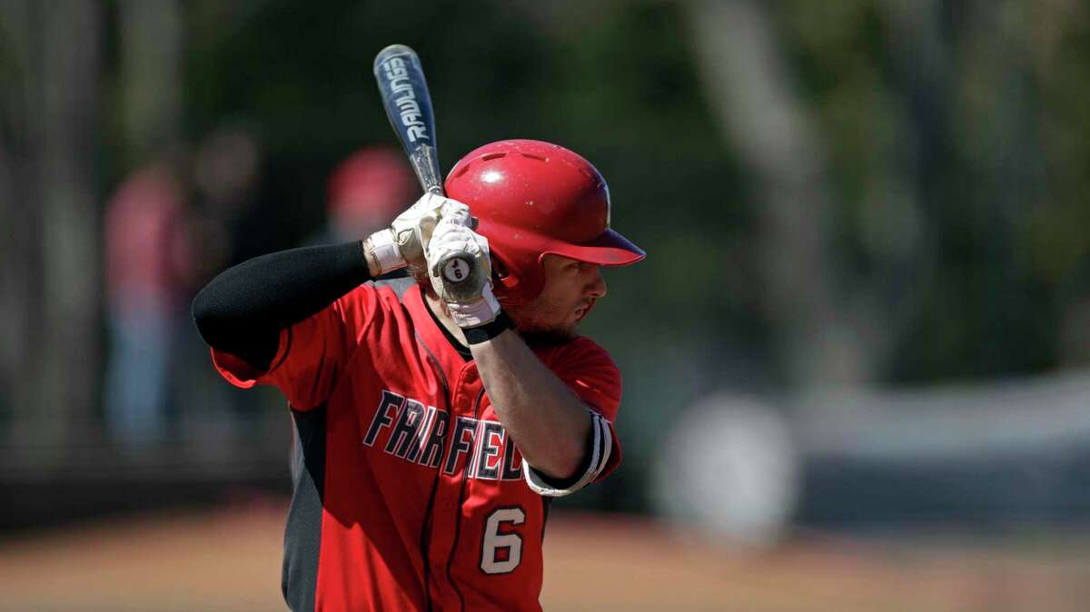 Fairfield's Justin Guerrera at bat against Canisius during an NCAA baseball game on Sunday, March 21, 2021, in Fairfield, Conn. (AP Photo/Adam Hunger)