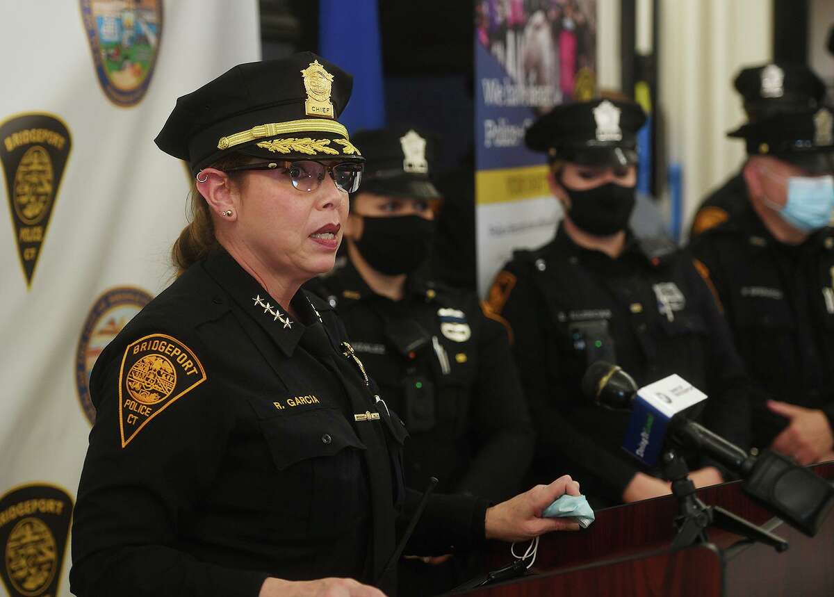 Bridgeport Acting Police Chief Rebeca Garcia launches the department's new locally focused recruitment for new police officers at the Bridgeport Police Academy in Bridgeport, Conn. on Tuesday, April 6, 2021.