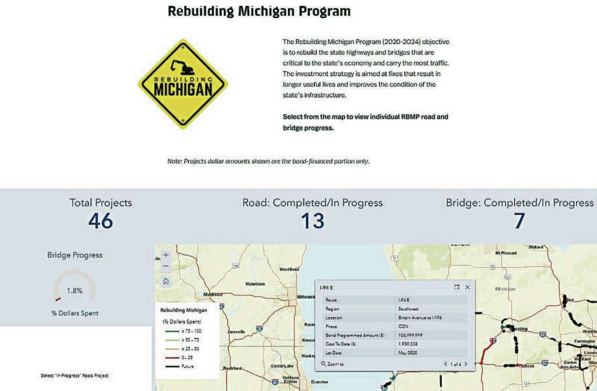 This screen capture from the new Michigan Department of Transportation online dashboard shows the information available about ongoing and future Rebuilding Michigan road and bridge projects around the state. (MDOT image)