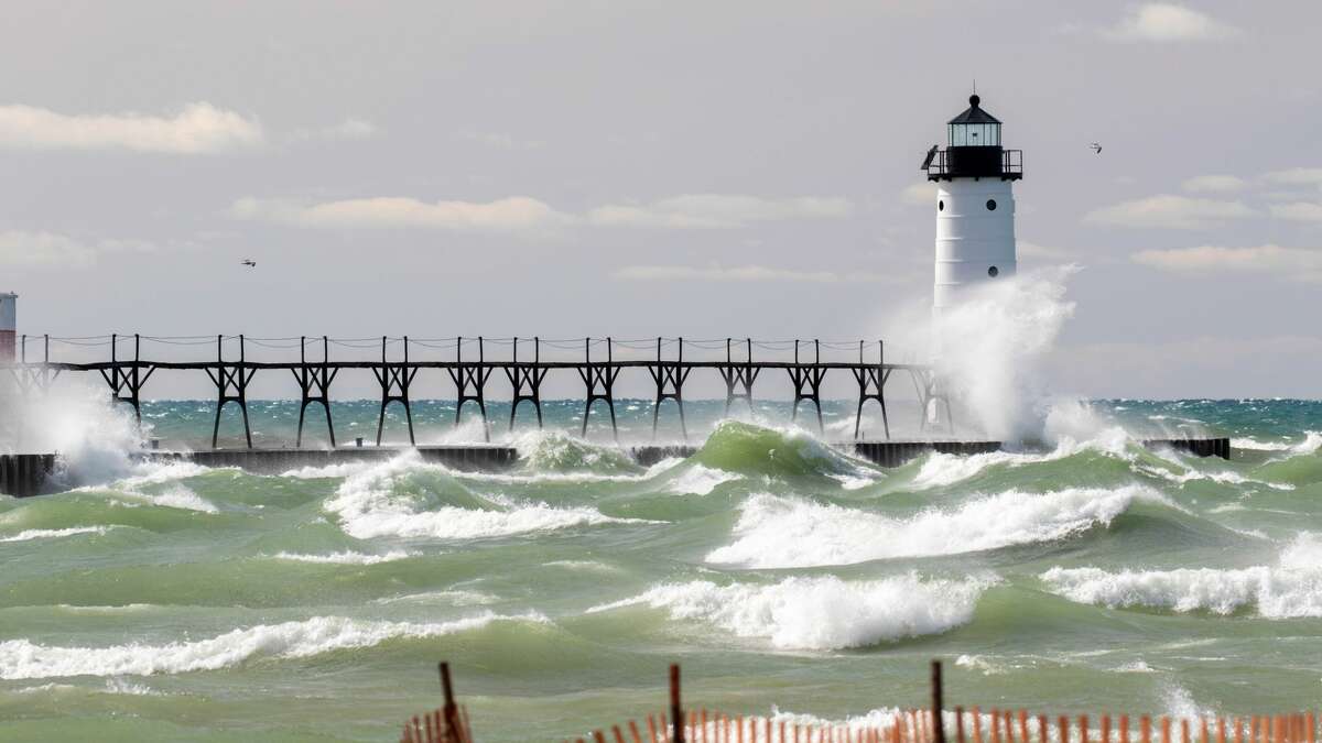 The Manistee North Pierhead Lighthouse is pictured on a windy day on March 14, 2021.