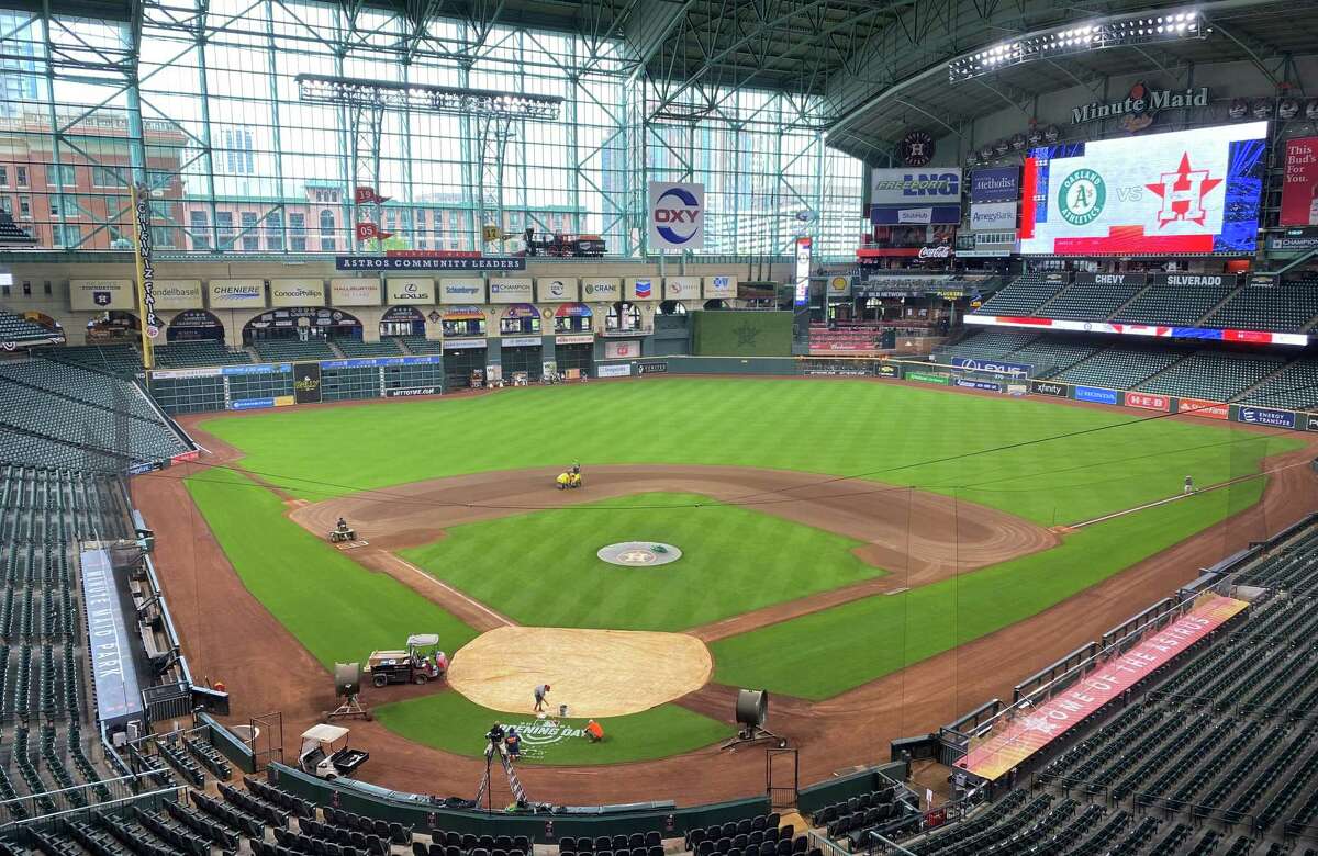 A look at Minute Maid Park on Wednesday, April 7, 2021, a day before the Houston Astros' home opener against the Oakland Athletics.