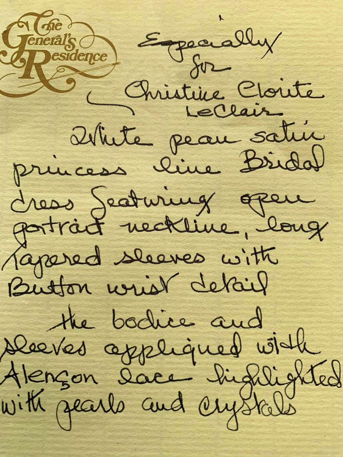 Dorothy Staley's personal note about Chris Clorite St. Clair's wedding dress.