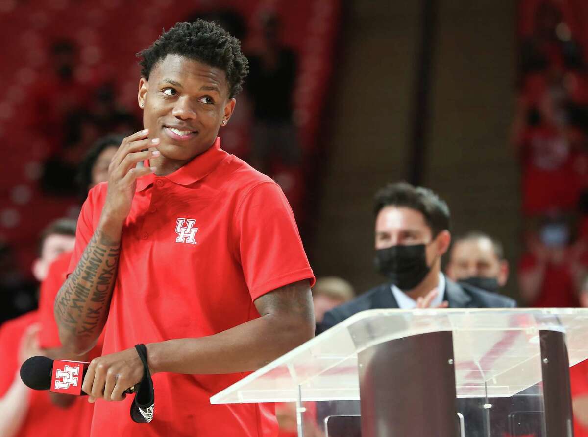 Marcus Sasser addresses the audience during the University of Houston Athletics Department celebration of the men's basketball team's run to the 2021 Final Four at the Fertitta Center in Houston on Wednesday, April 7, 2021.