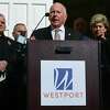 Westport First Selectman Jim Marpe speaks on the announcement that Westport Schools will be closed for the unforeseeable future during a press conference Wednesday, March 11, 2020, at Westport Town Hall in response to the Covid-19 virus pandemic in Westport, Conn.