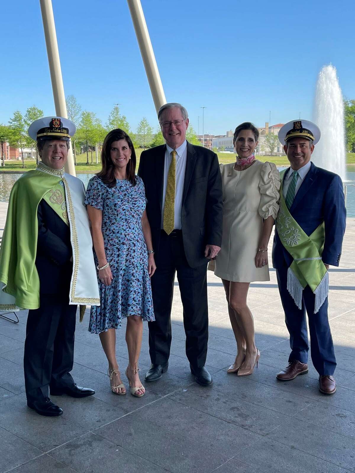 Greg Bostwick (middle) and his wife, Cindy Bostwick (second from left), at the Beaumont Event Center where the Neches River Fest named the KFDM meteorologist the 2021 Citizen of the Year on Thursday, April 8, 2021 in Beaumont, Texas.