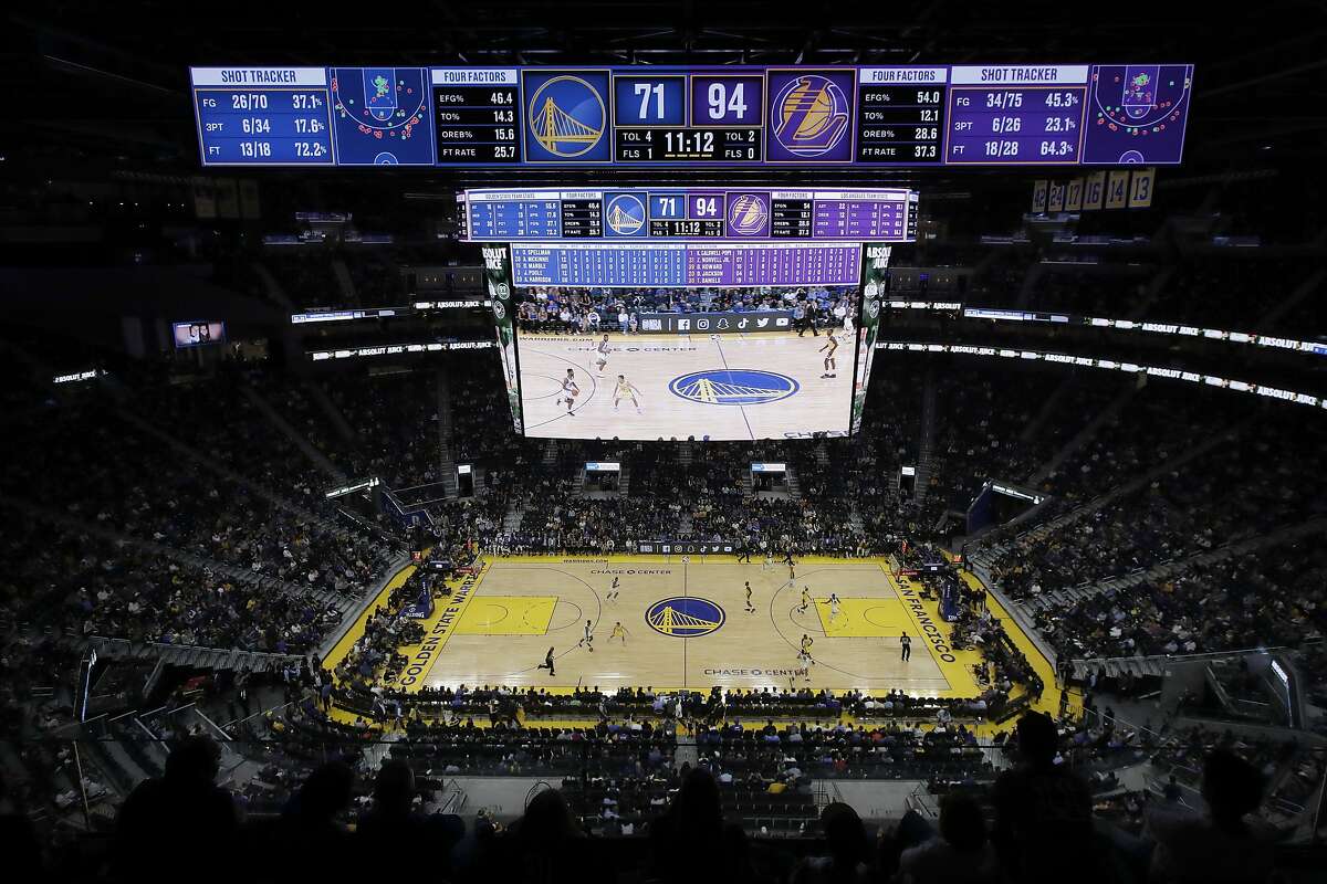 Fans watch from a general view of Chase Center during the second half of a preseason NBA basketball game Oct. 5, 2019, between the Golden State Warriors and the Los Angeles Lakers in San Francisco.
