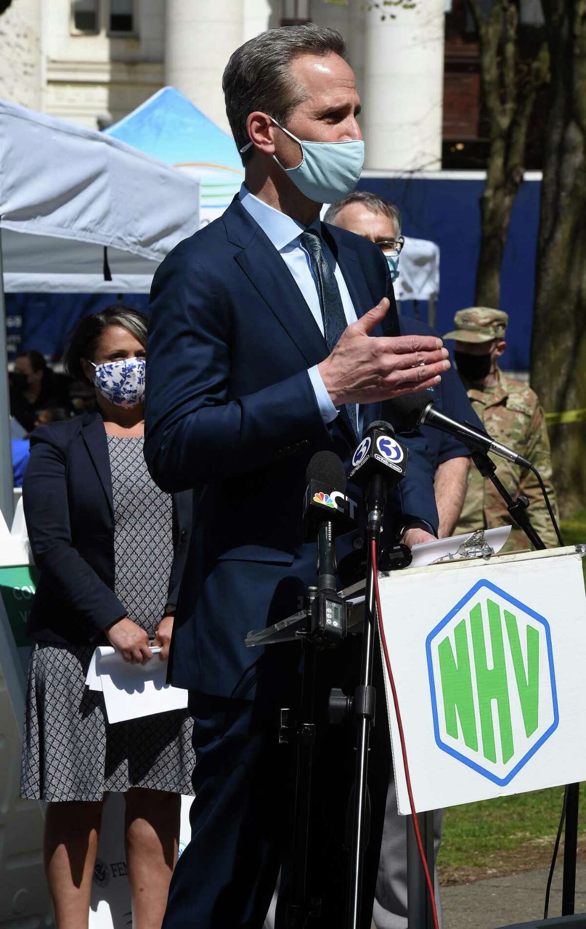 Patrick Charmel, president and CEO of Griffin Hospital and Griffin Health Services Corporation, speaks at a press conference at the site of a COVID-19 FEMA Mobile Vaccination Unit on the New Haven Green on April 8, 2021.