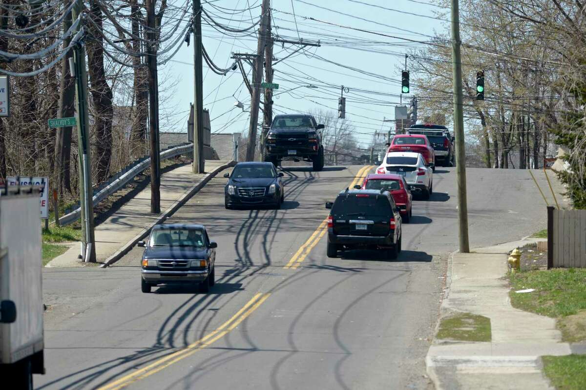 Traffic on White Street after its intersection with Federal Road. Thursday, April 8, 2021, in Danbury, Conn.