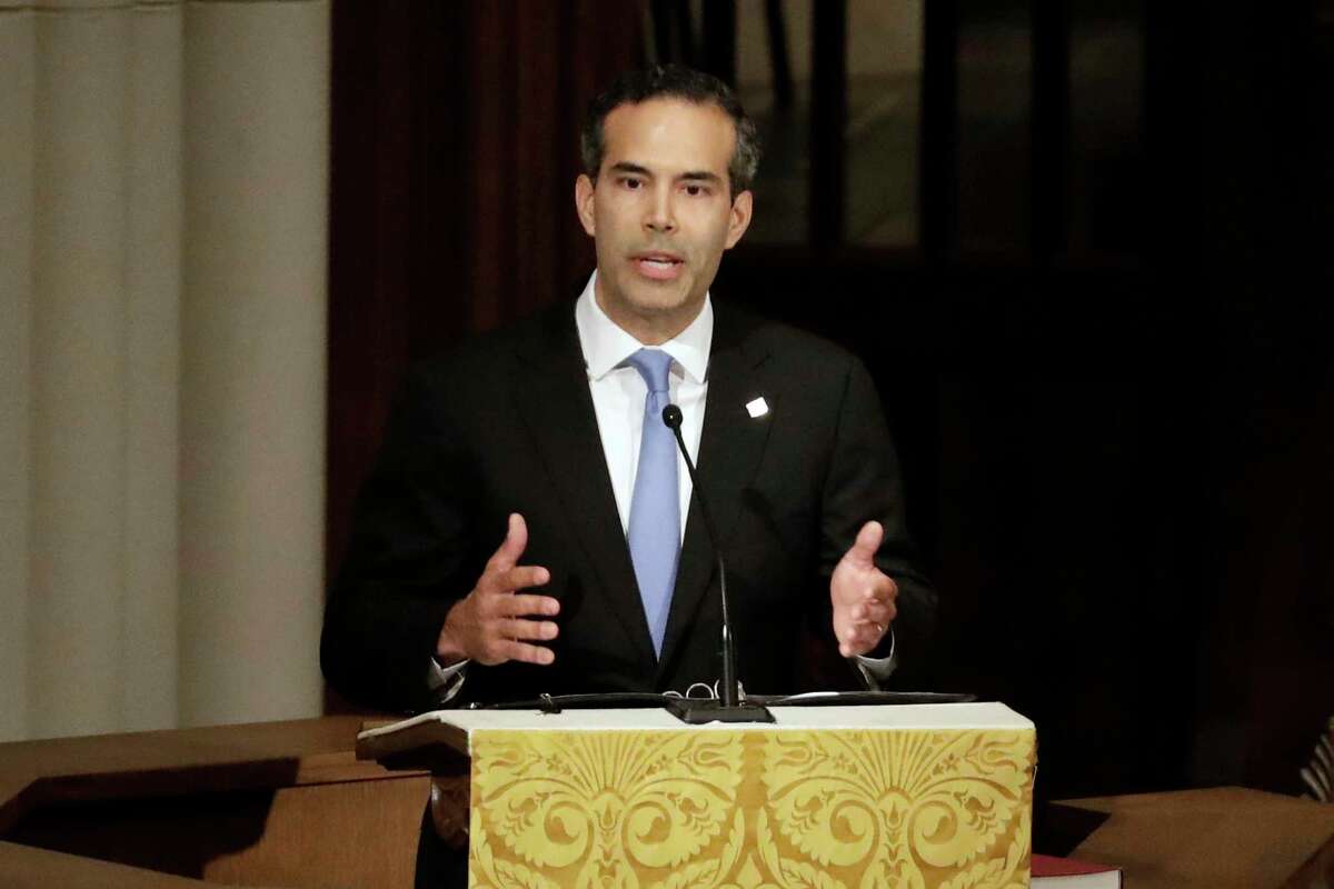 FILE - In this Dec. 6, 2018 file photo, George P. Bush pauses as he gives a eulogy during a funeral for former President George H.W. Bush at St. Martin's Episcopal Church, in Houston. Bush condemned racism in his party Thursday, Dec. 12, 2019 over what he says is now a third instance in Texas this month of "racist or hateful rhetoric," the latest being a Facebook post that he suspects targets his own Hispanic family. (AP Photo/Mark Humphrey, File)