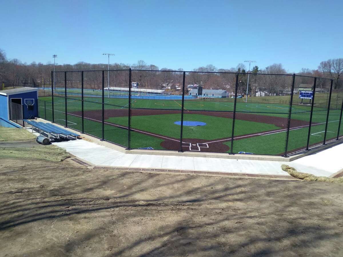 The new baseball field complex at Bunnell High School in Stratford, Conn., on April 6, 2021. The complex received a new artificial surface with a multipurpose field in the outfield, along with new lighting and a scoreboard.