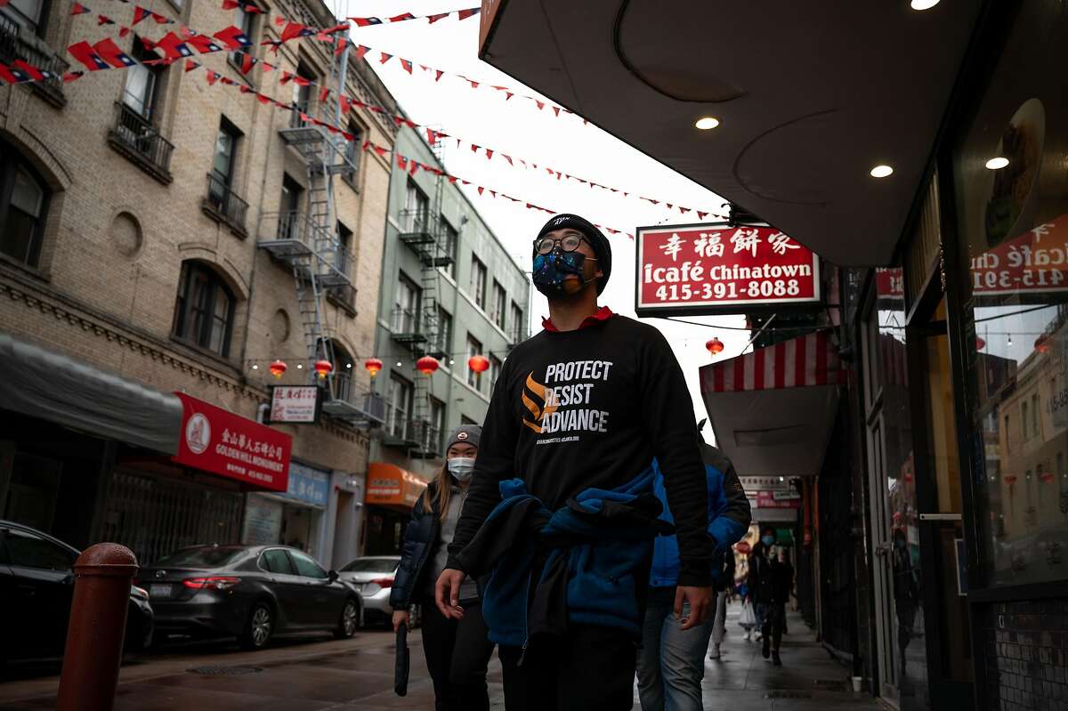 Chinatown Saftey Patrol volunteers led by Forrest Liu patrol San Francisco Chinatown on March 18, 2021. With the recent increase of hate crimes against Asian Americans and killing of 8 in Atlanta, a drastic increase of volunteers have showed up every night to help residents feel safe by patroling Asian American neighborhoods.