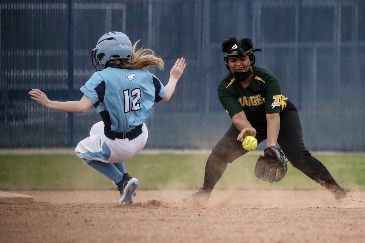 Dow's Breanda Fuller fields a ground ball during a game against Meridian Thursday, April 8, 2021 at Merdian Early College High School. (Isaac Ritchey/for the Daily News)