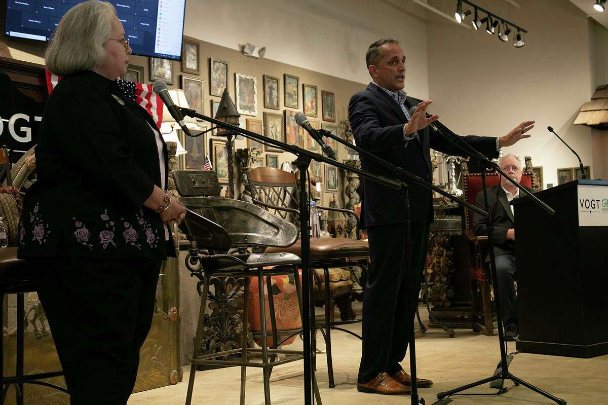 Mayoral Candidates Greg Brockhouse and Denise Gutierrez-Homer participate in the Greater Harmony Hills Neighborhood Association's Candidate Debate Night at Vogt Auction House in San Antonio on April 8, 2021.