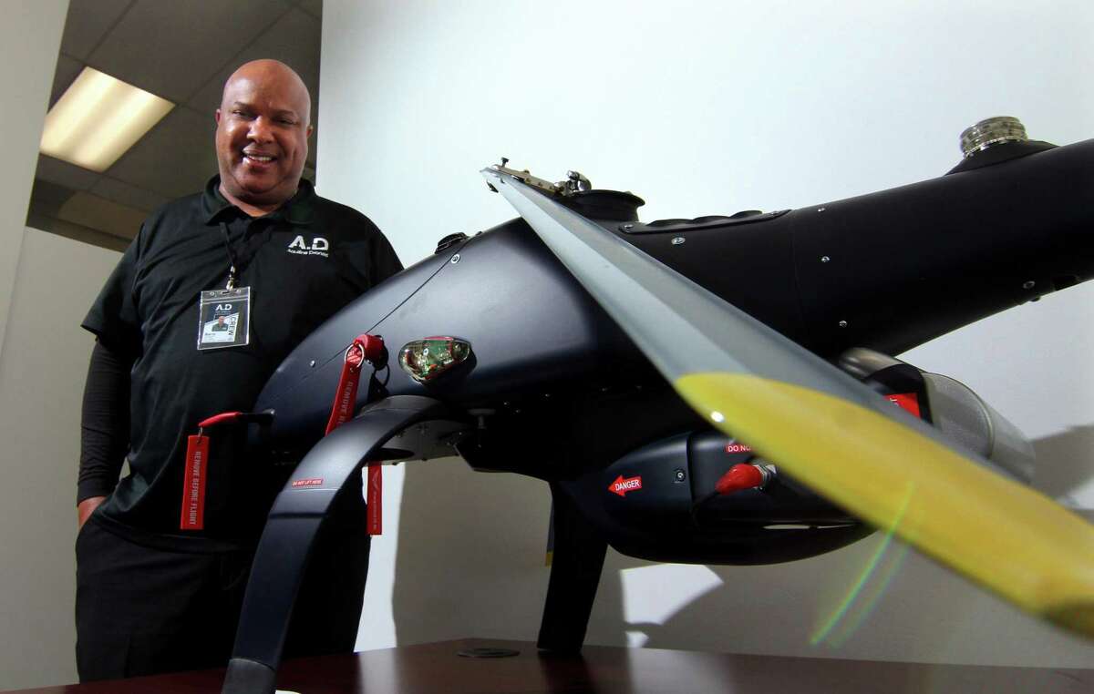 Aquiline Drones founder and CEO Barry Alexander poses with a prototype displayed at the company's headquarters in the Stark Building at 750 Main St., in downtown Hartford, Conn., on Tuesday, March 30, 2021.