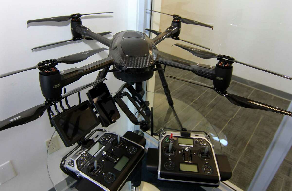 A drone prototype is displayed at Aquiline Drones' headquarters in the Stark Building at 750 Main St., in downtown Hartford, Conn., on Tuesday, March 30, 2021.
