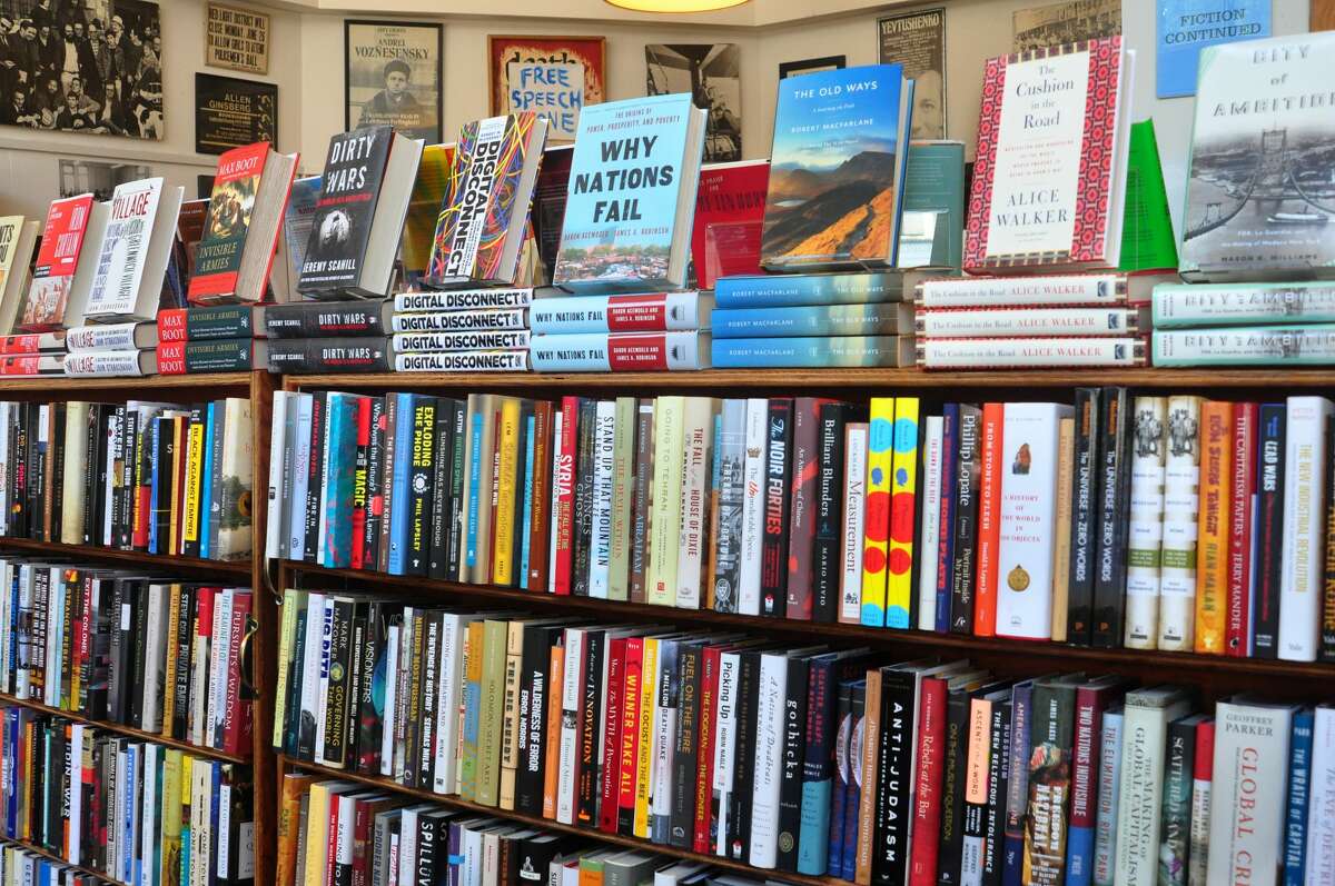 Shelves filled with books at the City Lights Bookstore, an independent bookstore founded in 1953 by poet Lawrence Ferlinghetti and Peter Martin on Columbus Avenue in San Francisco's North Beach neighborhood, the birthplace of the Beat Generation of the 1950s.