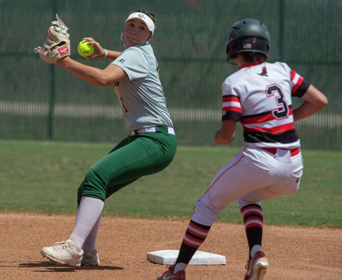 Midland College's Ciera Avila gets the force out at second on Howard College's Alyssa Rundell and looks to throw to first for a double play 04/09/21 at Midland College softball field. Tim Fischer/Reporter-Telegram