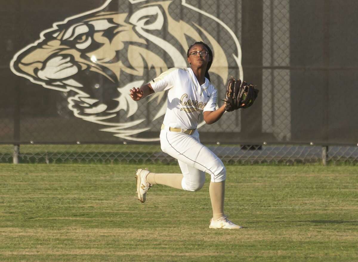 FILE PHOTO — Conroe center fielder Zharia Jack (8) catches a fly ball during the third inning of a District 13-6A softball game against Willis at Conroe High School on Tuesday, April 6, 2021, in Conroe.