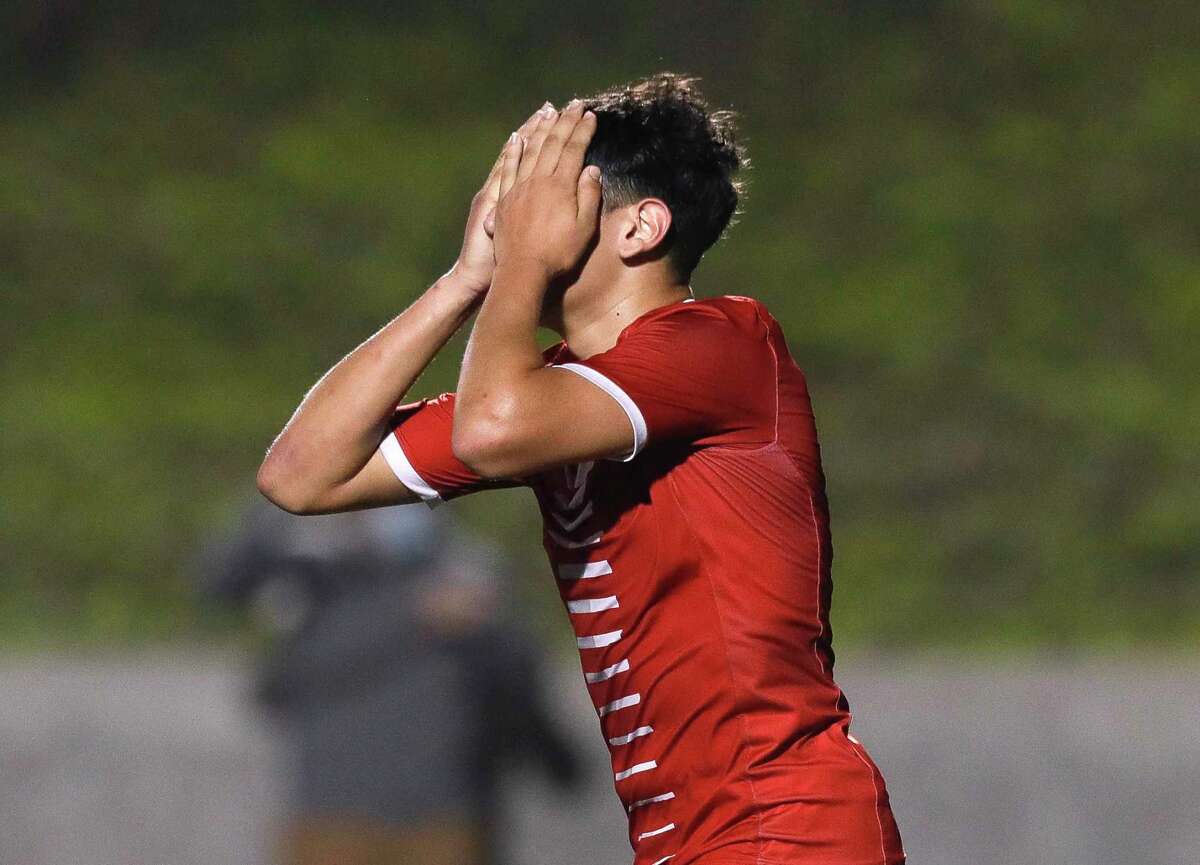 Splendora’s Martin Barajas (7) reacts after missing a shot on goal during the second overtime period of a Region III-4A championship match at Randall Reed Stadium, Friday, April 9, 2021, in New Caney. Huffman defeated Splendora 1-0.