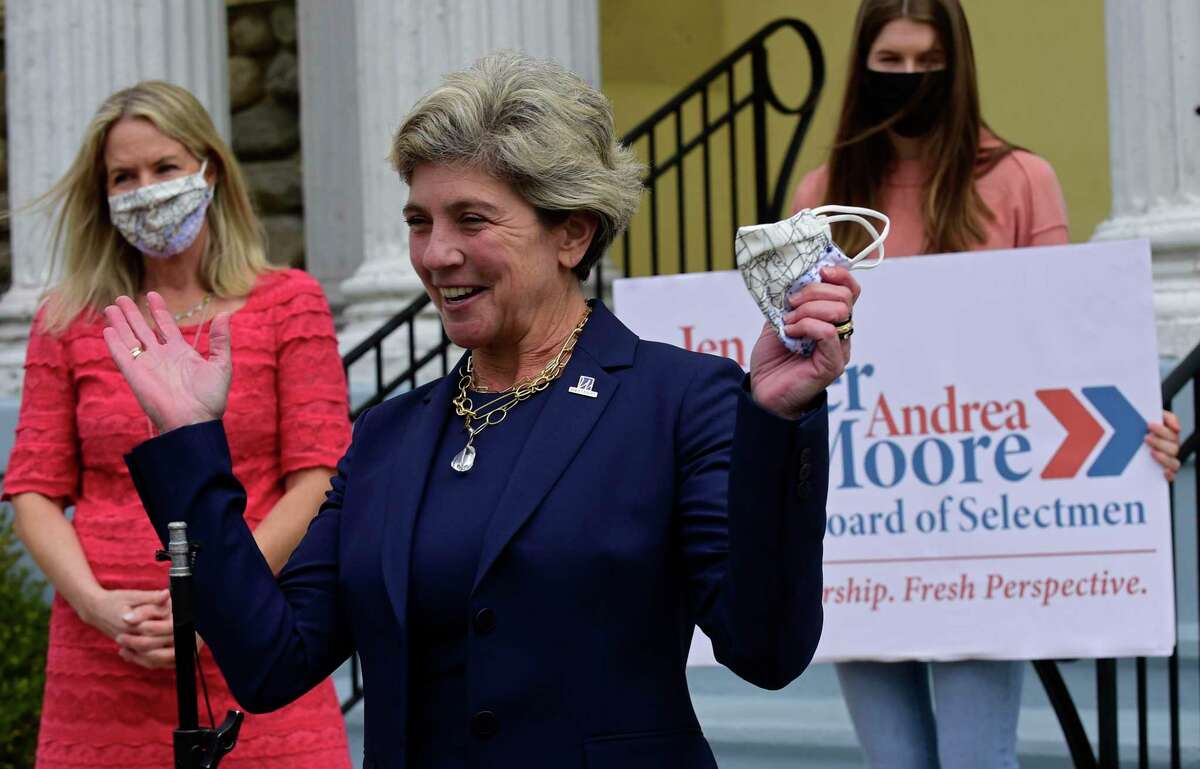 Westport's Second Selectwoman Jen Tooker announces her candidacy for first selectman her running mate Andrea Moore Friday April 9, 2021, in front of Town Hall in Westport, Conn. Tooker makes her announcement several days after Jim Marpe said he would not seek reelection as first selectman.
