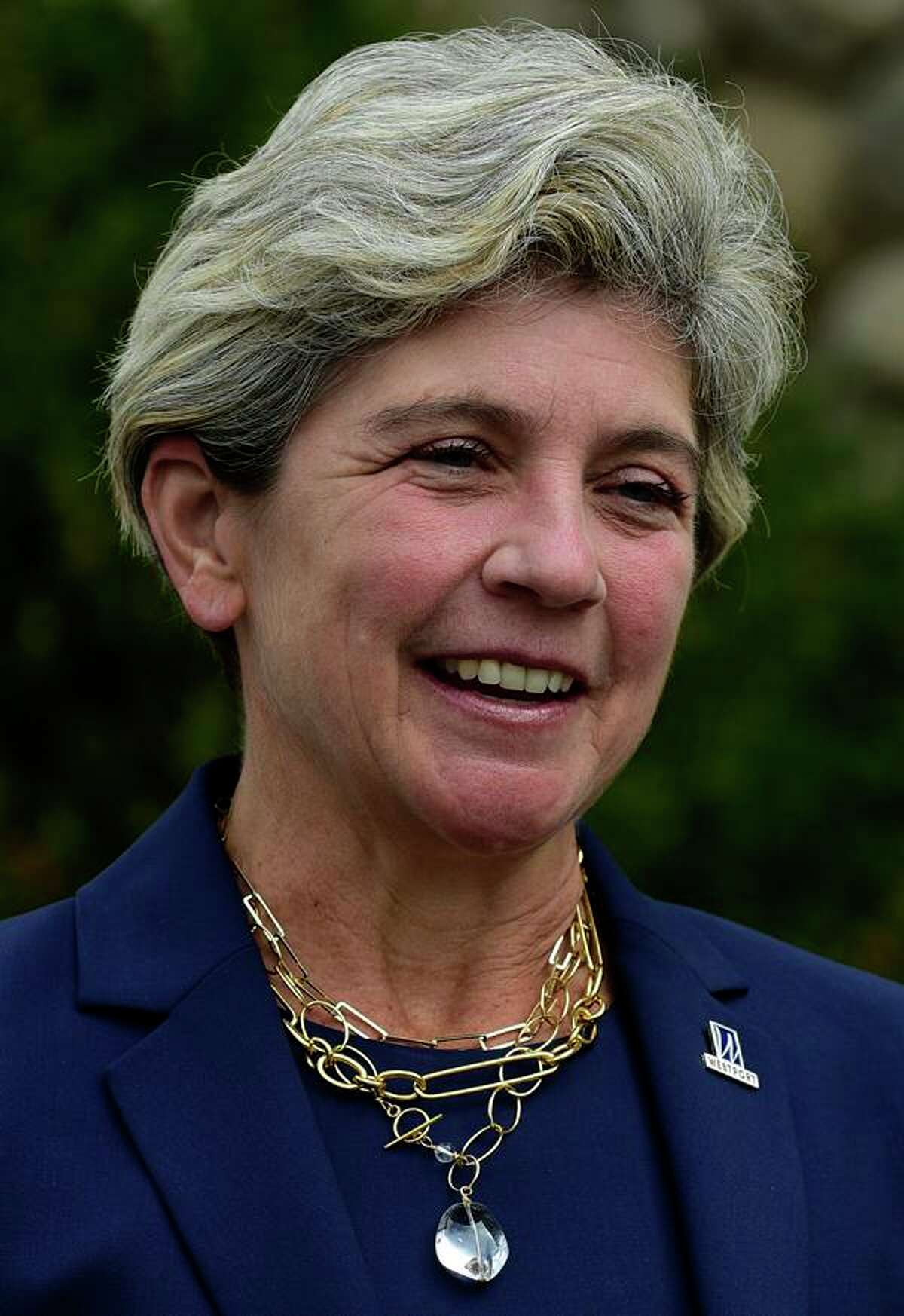Westport's Second Selectwoman Jen Tooker announces her candidacy for first selectman Friday April 9, 2021, in front of Town Hall in Westport, Conn. Tooker makes her announcement several days after Jim Marpe said he would not seek reelection as first selectman. Tooker was joined by her running mate Andrea Moore.