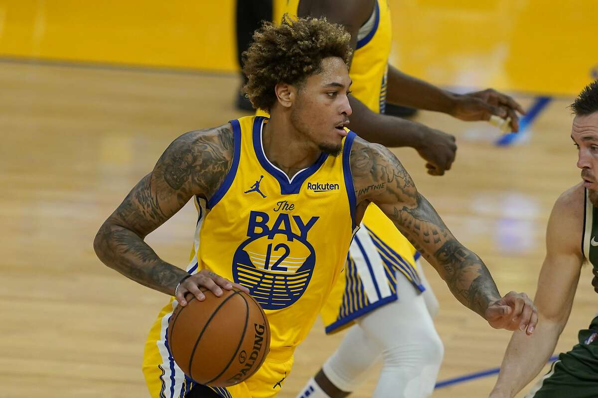 Golden State Warriors guard Kelly Oubre Jr. (12) during an NBA basketball game against the Milwaukee Bucks in San Francisco, Tuesday, April 6, 2021. (AP Photo/Jeff Chiu)