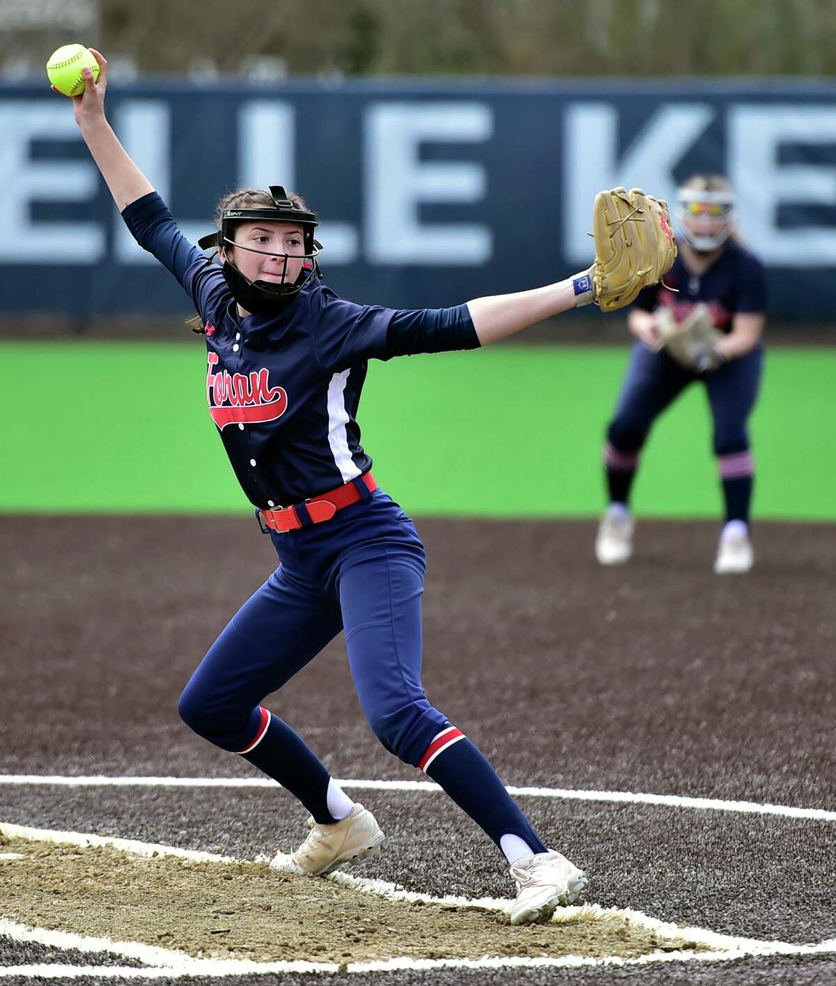 Milford, Connecticut -Saturday- April 10, 2021: Foran High School pitcher Chloe Nittoly at the Danielle Kemp Memorial Field at Foran HS during the opening day of high school spring sports Saturday vs. Jonathon Law H.S.