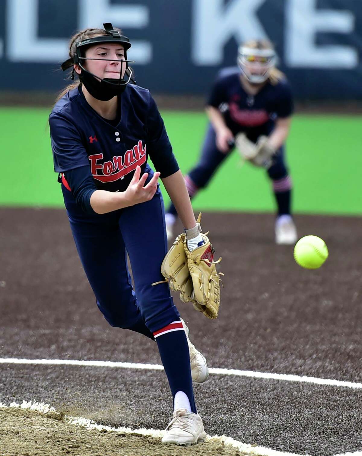 Milford, Connecticut -Saturday- April 10, 2021: Foran High School pitcher Chloe Nittoly at the Danielle Kemp Memorial Field at Foran HS during the opening day of high school spring sports Saturday vs. Jonathon Law H.S.