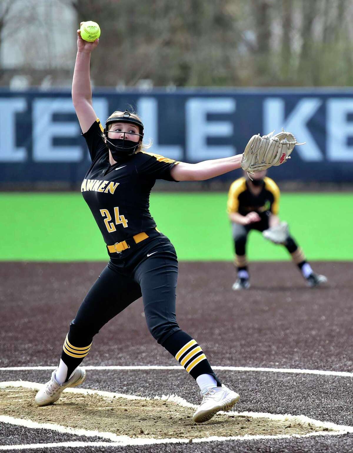 Milford, Connecticut -Saturday- April 10, 2021: Jonathan Law High School pitcher Talia Solanto at the Danielle Kemp Memorial Field at Foran HS during the opening day of high school spring sports Saturday vs. Foran H.S.