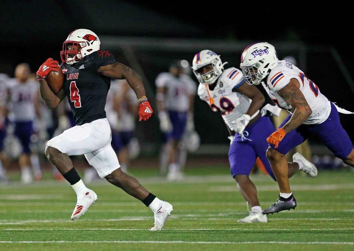 UIW Kevin Brown #4 leaves Northwestern State defenders on his touchdown in the second half. College Football UIW vs. Northwestern State on Saturday, April 10,2021 at UIW.