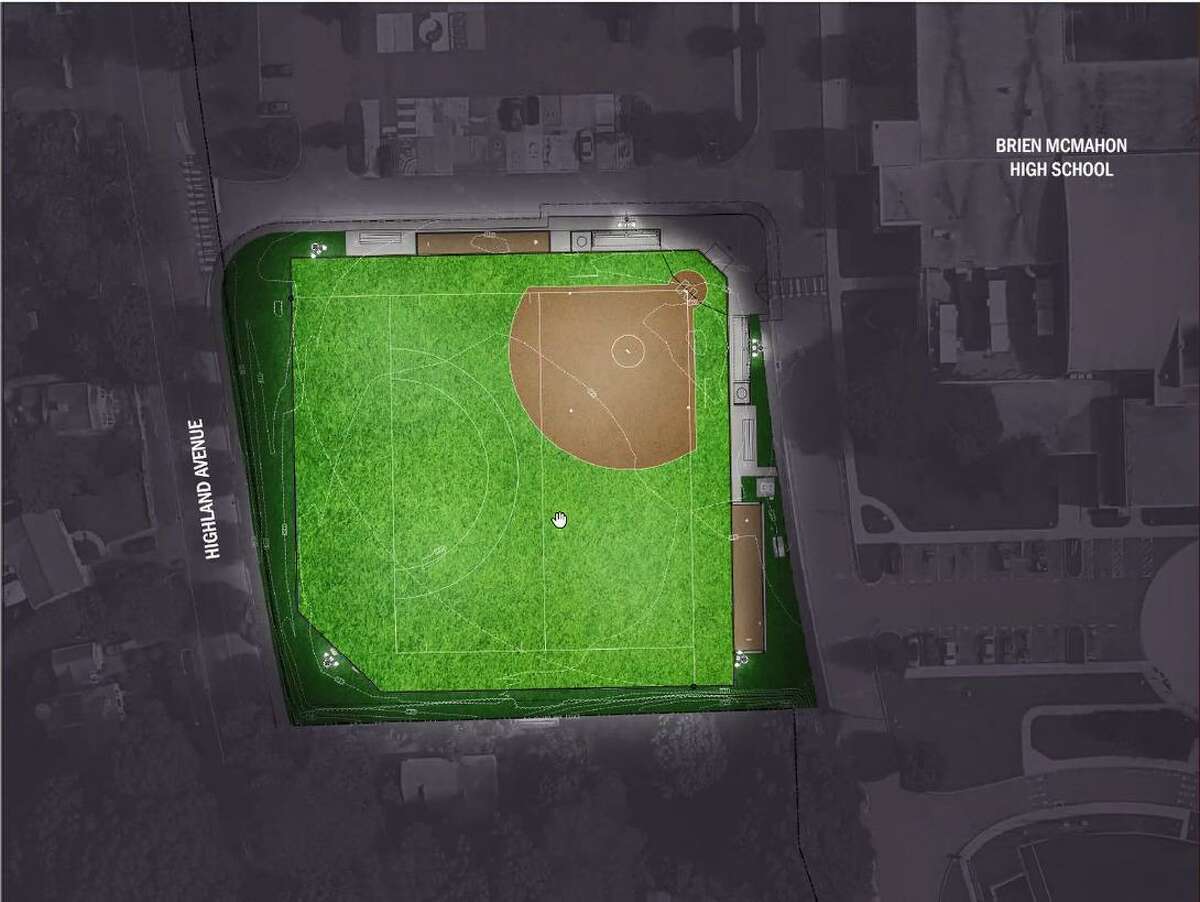 A rendering shows planned upgrades to the softball field at Brien McMahon High School. City officials have proposed replacing the grass with artificial turf and adding new lighting.