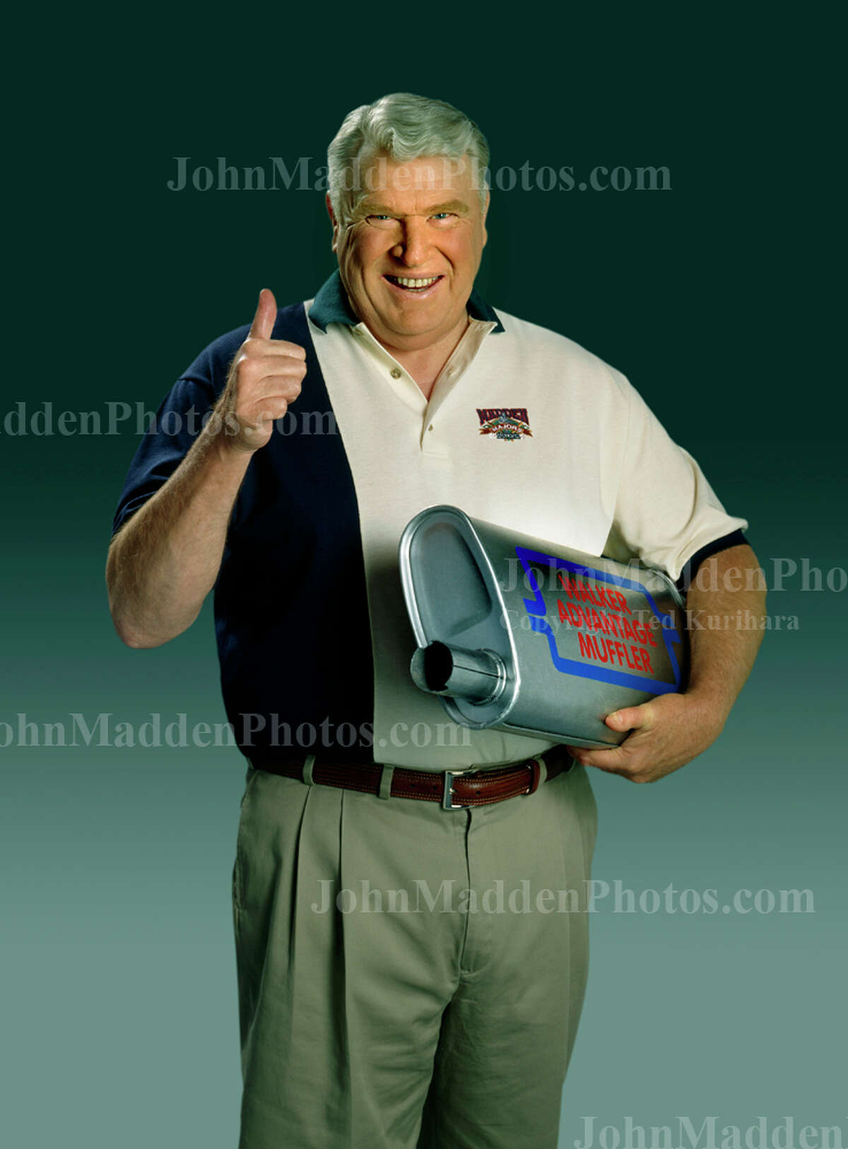 John Madden taking part in one of his many 90s photo shoots orchestrated by Ted Kurihara, who now owns the JohnMaddenPhotos.com website.