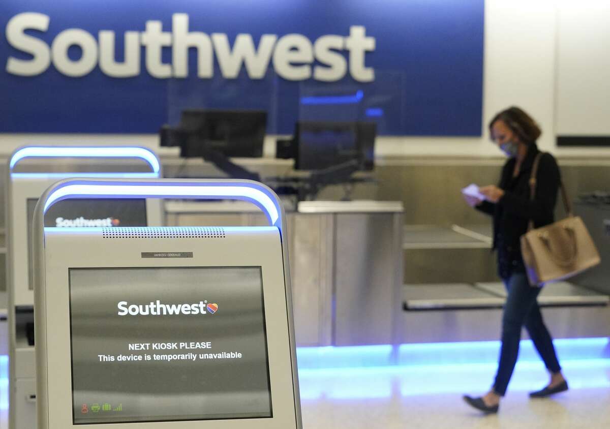 Southwest Airline kiosks in Terminal A at George Bush Intercontinental Airport are shown Friday, April 9, 2021 in Houston. Southwest will have flights out of IAH for the first time on Monday.
