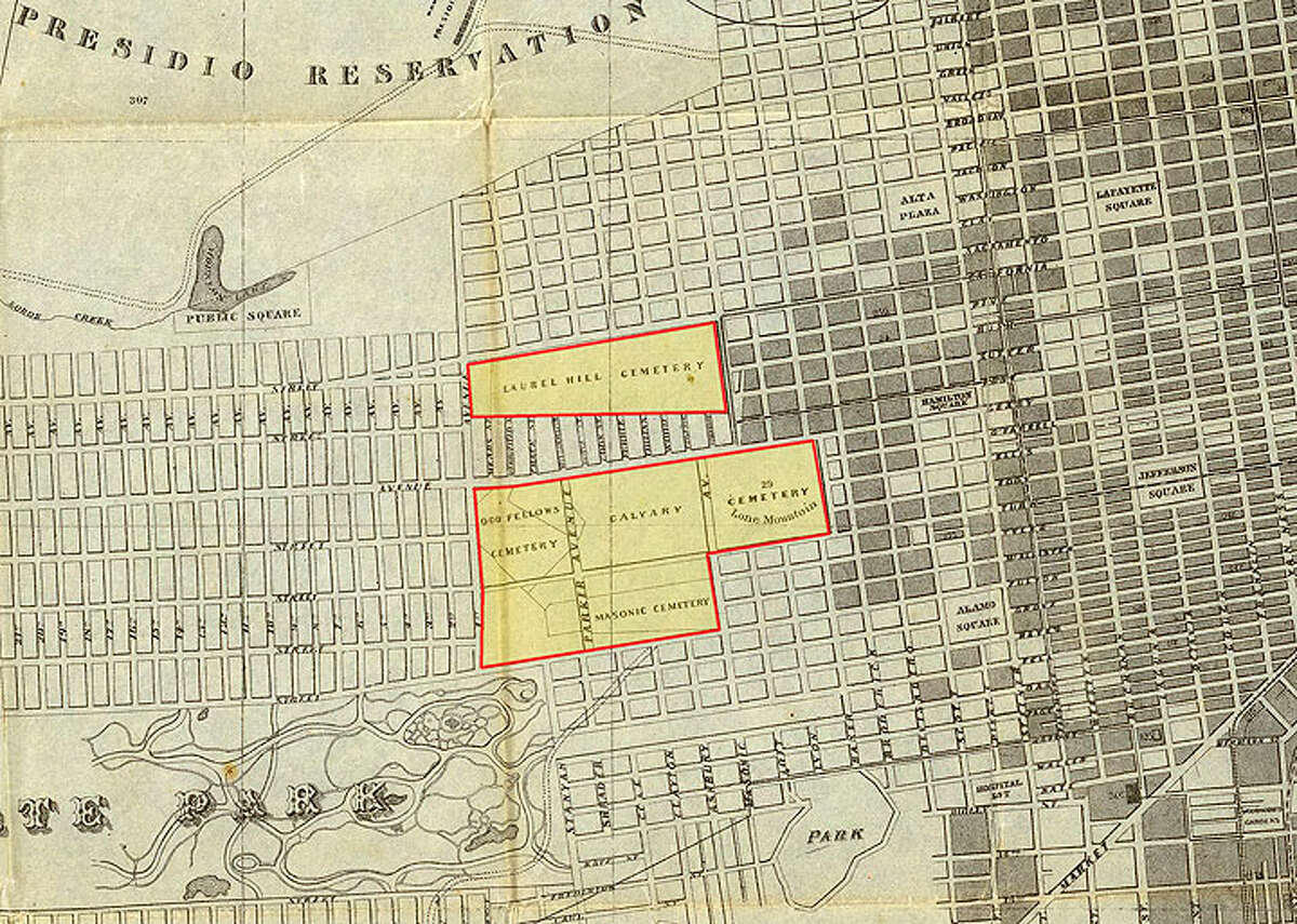 Inner Richmond's four great cemeteries, seen here on an 1870 map.