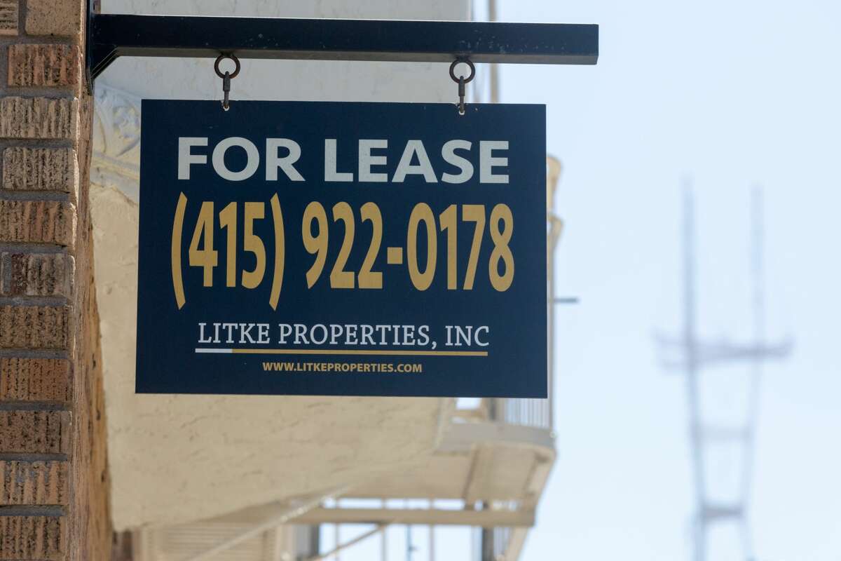 A for lease sign in San Francisco, California on April 9, 2021.